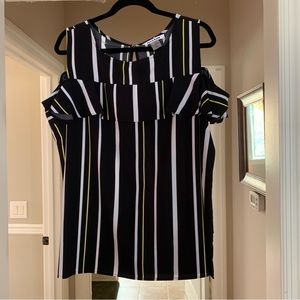 Black, yellow, white stripe Nygard cold shoulder blouse